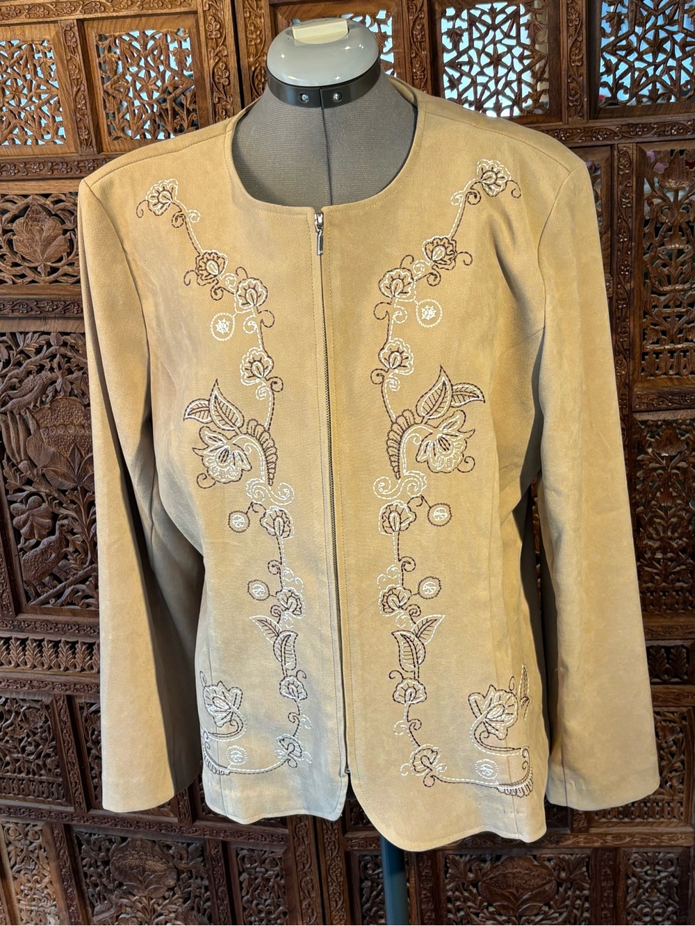 Women’s Embroidered Faux Suede Zip-Front Jacket - Tan
